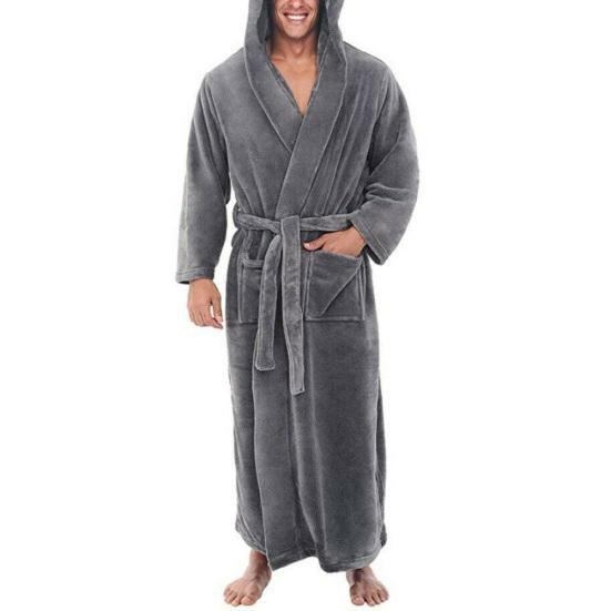 Men Soft Coral Fleece Solid Color Pockets Long Bath Robe Home Gown Sleepwear