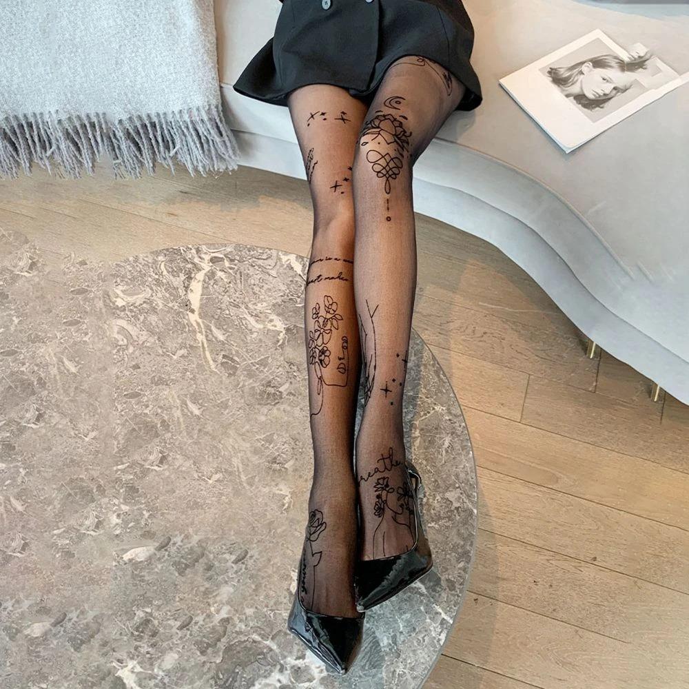 Black Patterned Long Stockings Letter Tattoos Pantyhose New Inscriptions Tights  Women