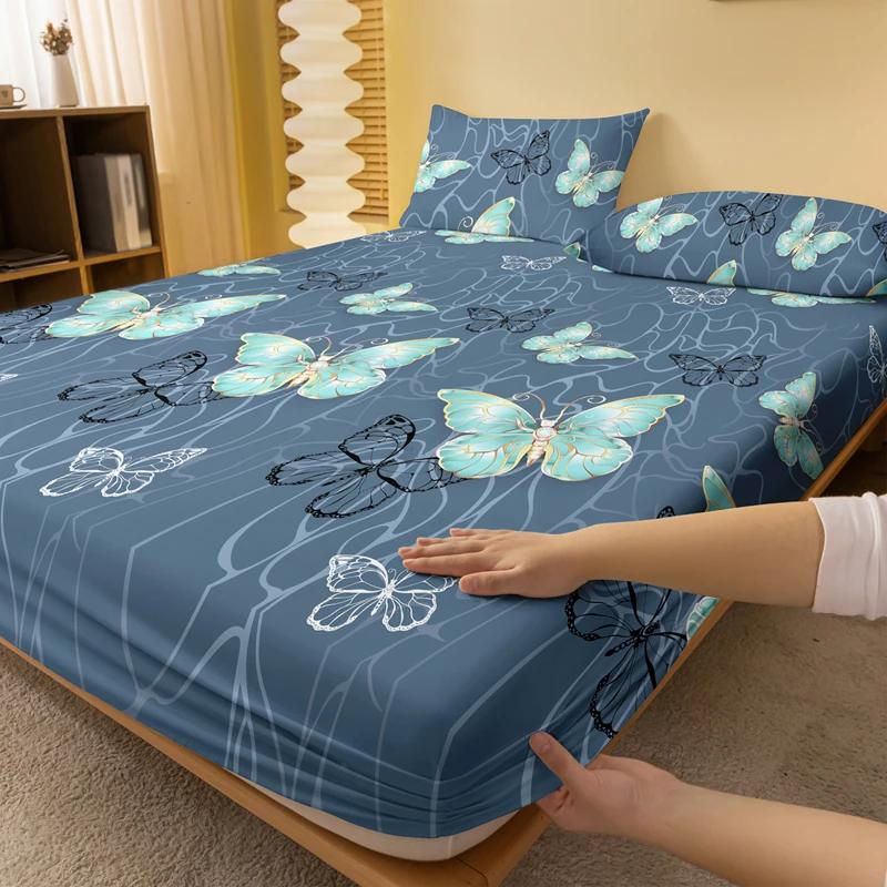 1 Simple Modern Butterfly Printed Matte Fitted Sheet, Bedroom Printed Bed Cover, Bedding (Excluding Pillowcases)