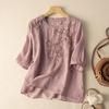 Women's Summer Design Round Neck Mid-sleeved Embroidery T Shirt Temperament Loose Thin Blouse