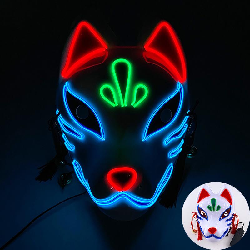 LED Painted Fox Mask Glowing Ctue Kitsune Masks Cute Red Fox Costume Props Japanese Mask For Women Girls Red Animal Mask