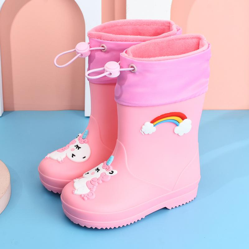 Производитель детской дождевой обуви для девочек, флисовая обувь для мальчиков, нескользящая водонепроницаемая обувь, всесезонные резиновые сапоги с рисунком, детская дождевая обувь
