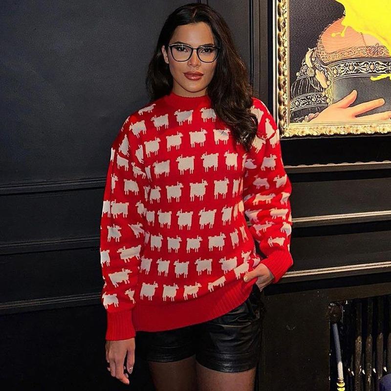 Зимний вязаный свитер с принтом альпаки, женский свободный повседневный свитер с круглым вырезом и длинным рукавом, женский модный повседневный элегантный трикотажный свитер, женский тренд 2024 года