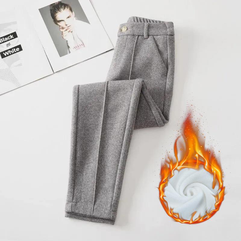 Брюки с высокой талией из смеси шерсти, женские зимние утолщенные шаровары с плюшевой подкладкой, повседневные теплые шерстяные брюки длиной до щиколотки