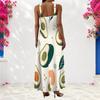 Women Plus Size Scoop Neck Strappy Sleeveless Fruit Leaf Printed A Line Maxi Dress