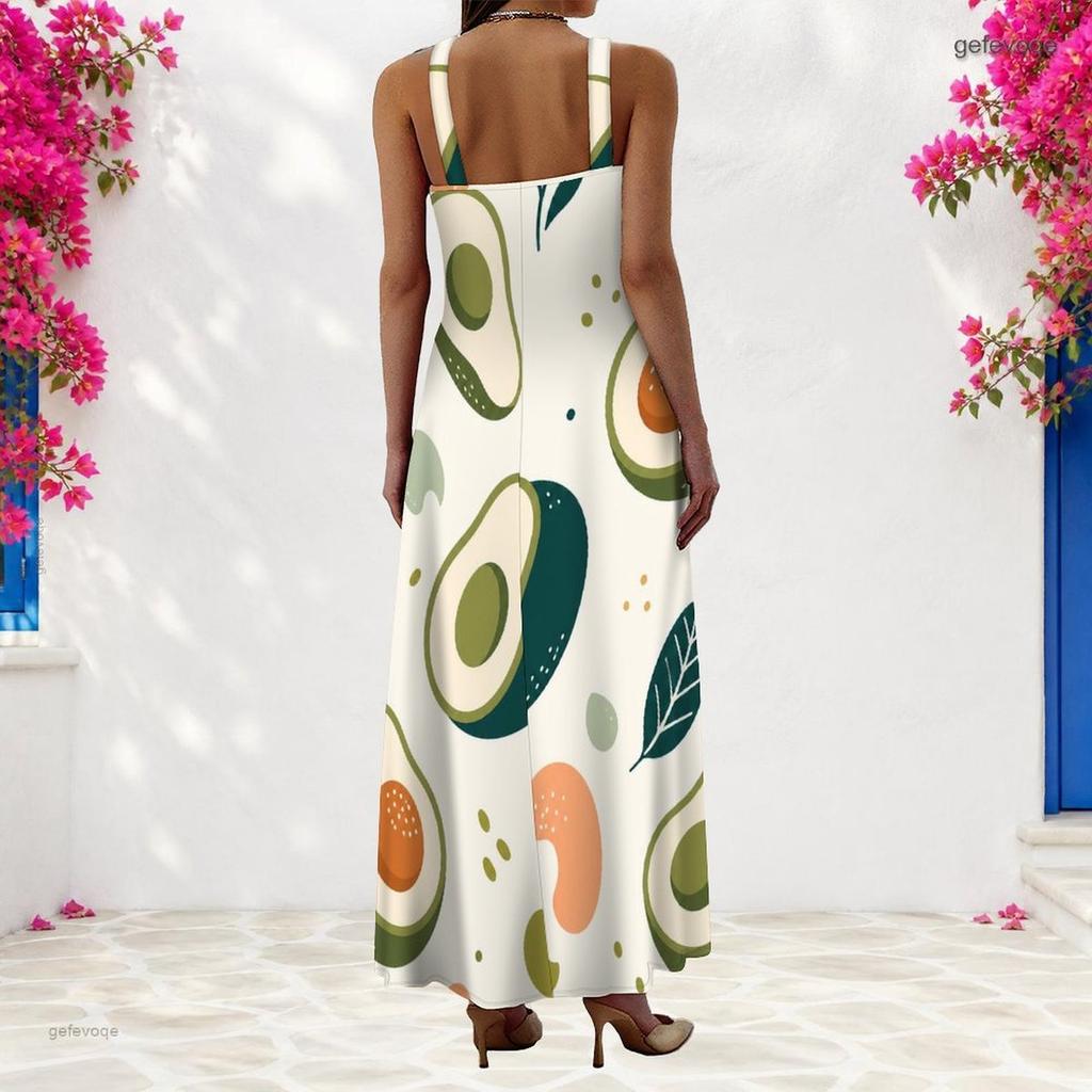 Women Plus Size Scoop Neck Strappy Sleeveless Fruit Leaf Printed A Line Maxi Dress