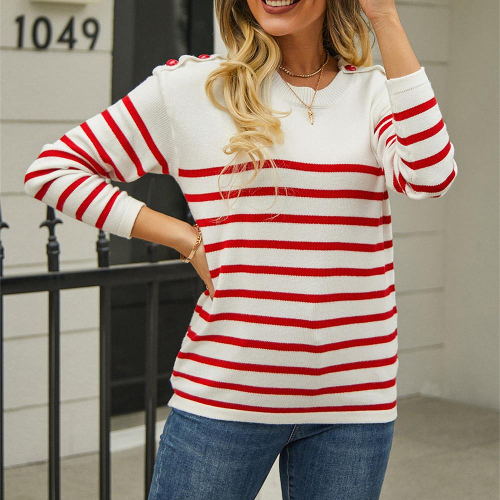 GMXIA Women's Fashion Casual Stripe Print Autumn Winter Long Sleeve O-Neck Loose Sweaters