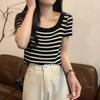 Summer New Temperament Square Neck Striped Versatile Knitted Sweater Short-sleeved T-shirt Top Women
