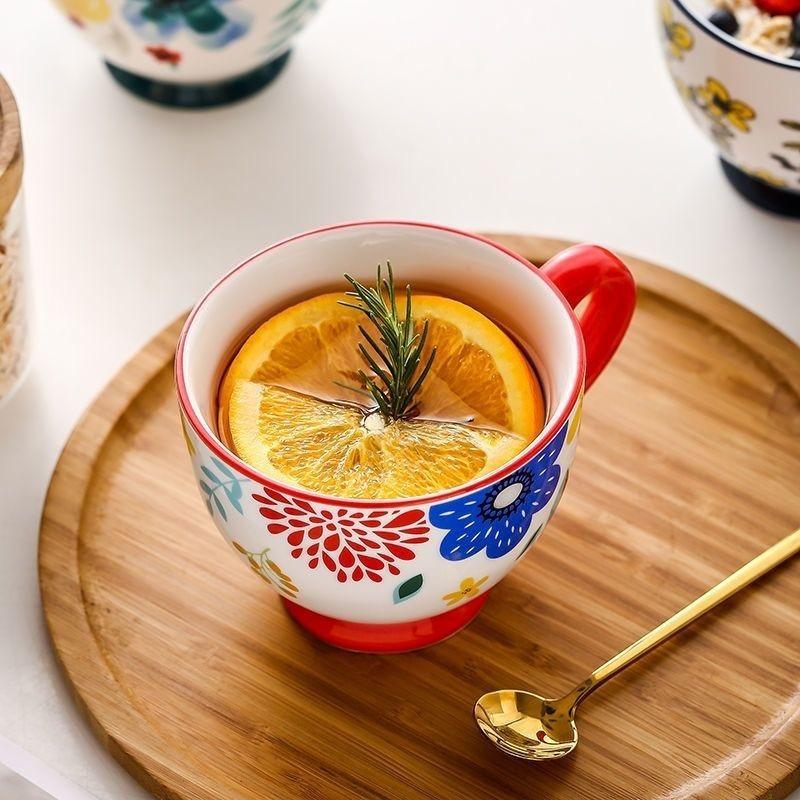 Household Ceramic Cup Mug Retro Hand-painted Flowers Water Cup Oatmeal Breakfast Coffee Milk Bottle Office Teacup