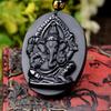 Crystal Obsidian Thai Ganesha Four-Armed Wealth Amulet with Mother and Baby Elephant Pendant Necklace