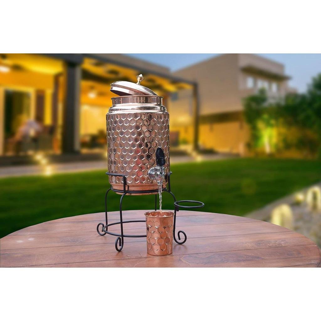 Медный диспенсер для воды с алмазной огранкой, 5 литров, бак Matka с 1 стеклянной и железной подставкой - 5000 мл