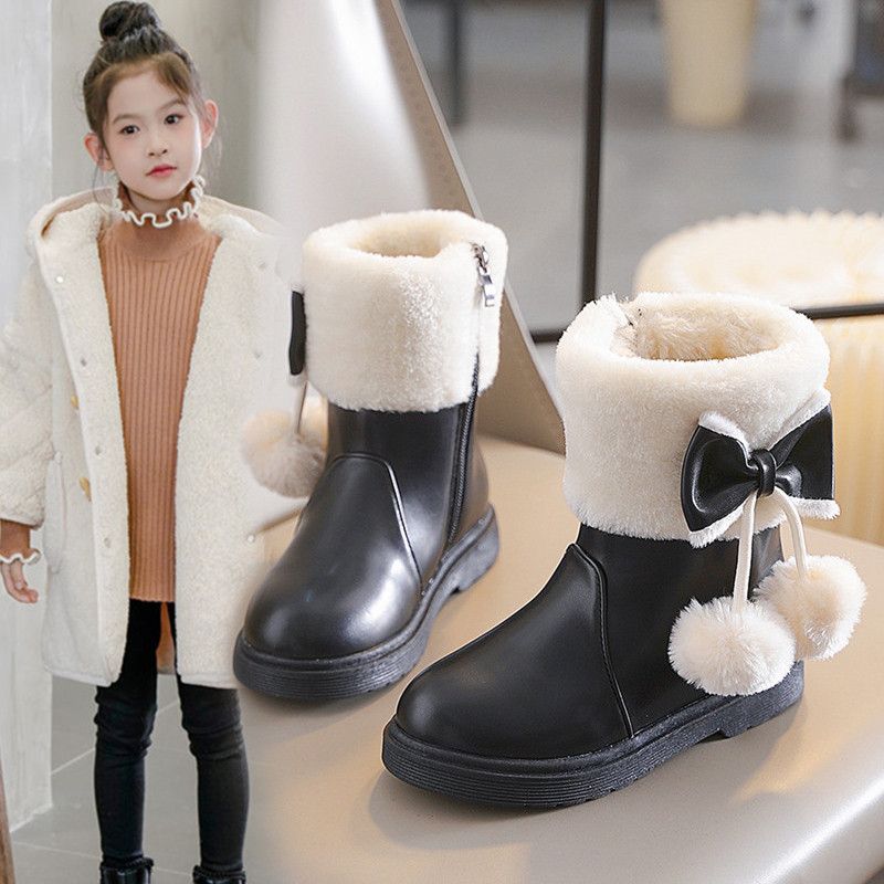 Children's Snow Boots, Winter Girls' Fleece Princess Leather Ankle Boots