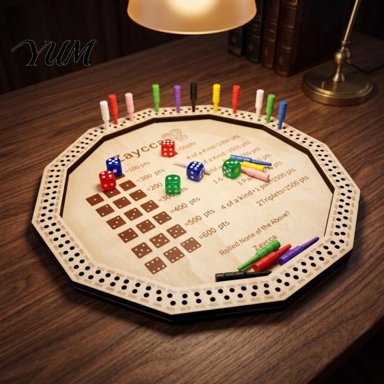 Dice Game with Scoreboard Wooden Farkle Tray, 6 Dice, 8 Colorful Pegs, Multi-player Interactive Classic Board Game, Tabletop for Travel Family
