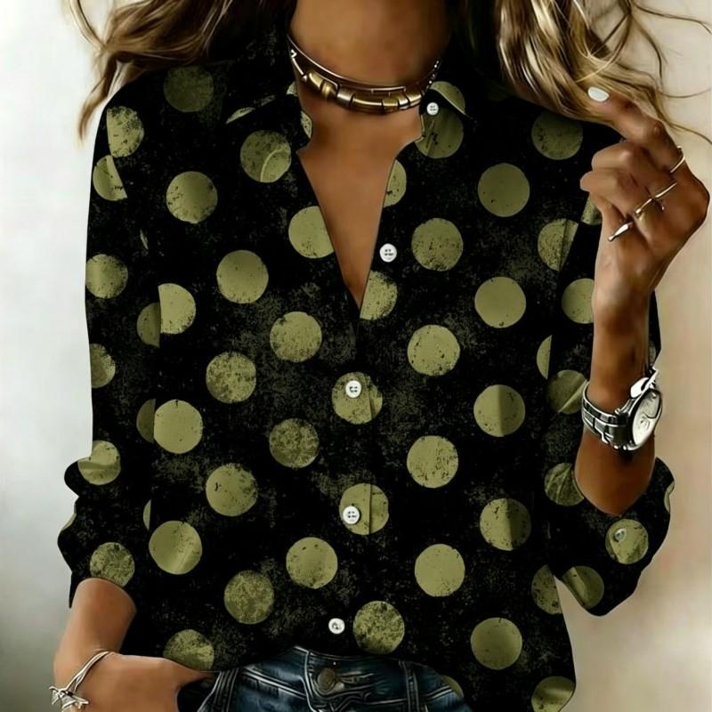 Women Satin Long Sleeve Shirt Big Polka Dot Print Blouse Lapel Single Breasted Loose Office Tops