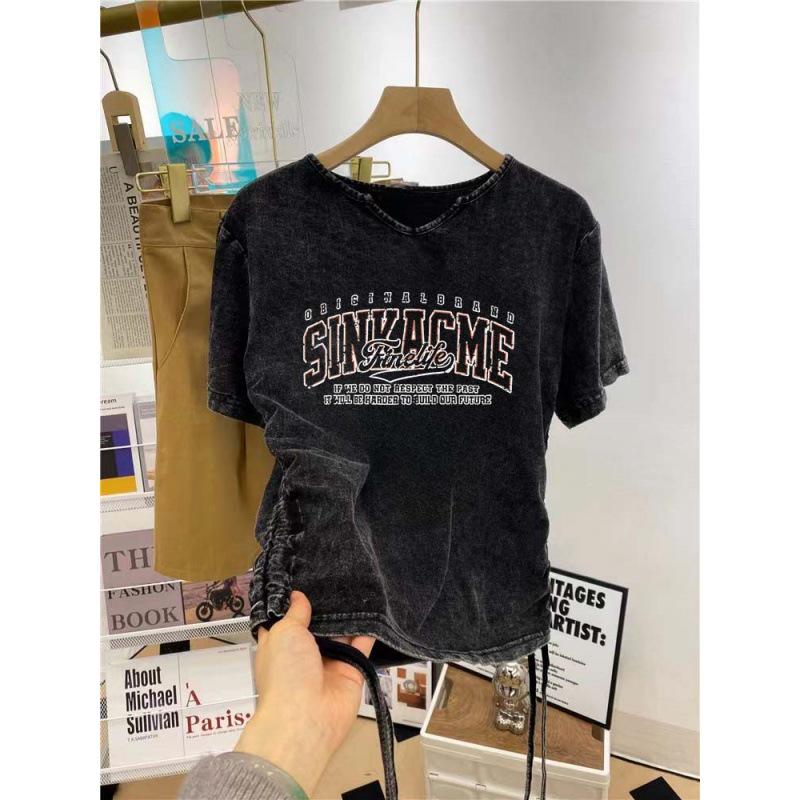 Женская футболка из чистого хлопка с коротким рукавом и принтом в стиле хай-стрит с эффектом потертости – Летняя коллекция 2025 года в национальном стиле