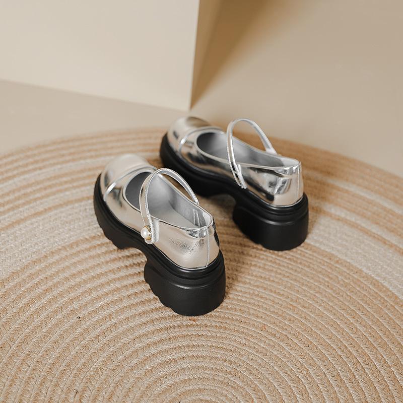 Серебристые туфли Мэри Джейн женские жемчужные на толстой подошве с открытым вырезом одинарные туфли женские в стиле маленького ароматного ветра с круглым носком на толстом каблуке туфли jk