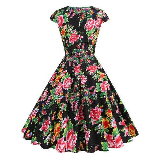 Женское платье в китайском стиле с цветочным принтом и V-образным вырезом с коротким рукавом в этническом стиле трапециевидной формы с большими качелями с высокой талией и красочной спиной со скрытой молнией для вечеринки, выпускного вечера, миди-платья