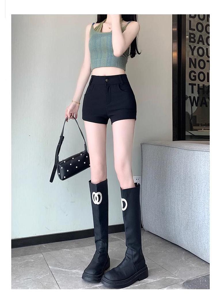 Черные шорты-костюм А-силуэта с высокой талией и эффектом похудения для женщин - Осенняя коллекция 2024