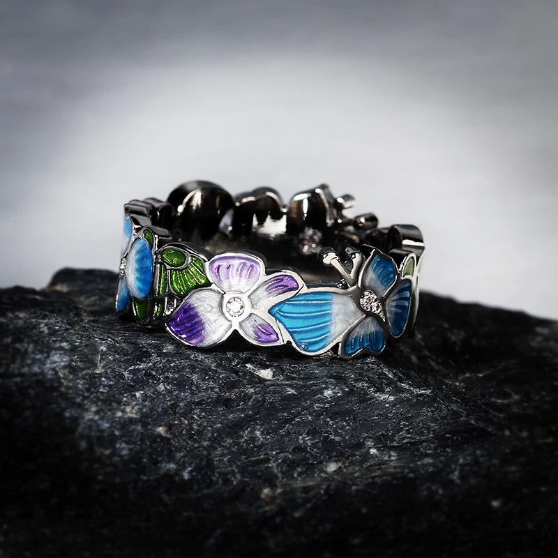 Enamel Rings for Womens Rings for Hand Jewelry Creative Exotic Style Oil Droppings and Rubber Flowers