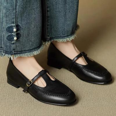 Первый слой овчины~ Французские одинарные туфли женские на плоской подошве 2025 новые универсальные маленькие кожаные туфли с юбками ретро туфли Мэри Джейн