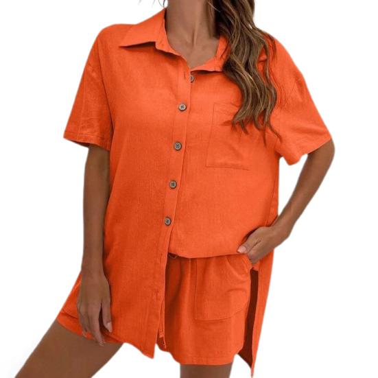 2 шт./компл. женская рубашка и шорты, комплект однотонной блузки с короткими рукавами и нагрудным карманом с лацканами