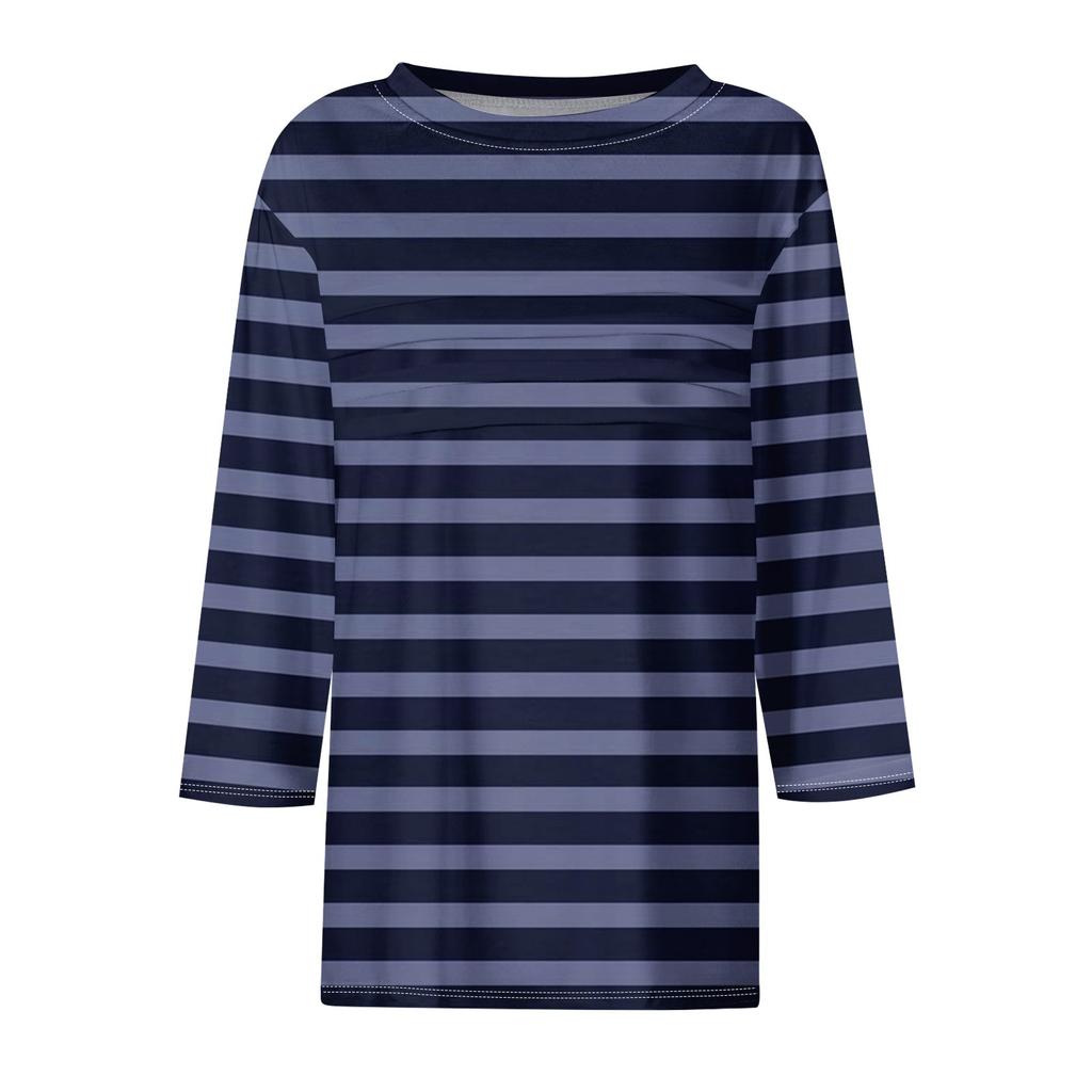 Женская мода повседневный свободный топ с рукавом 3/4 в полоску с круглым вырезом