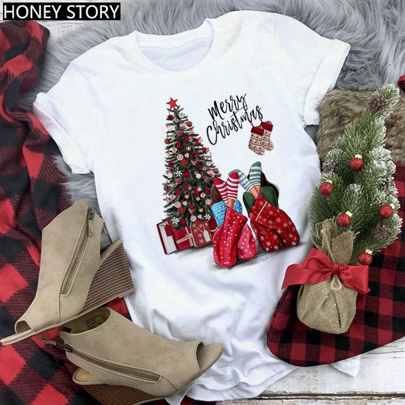 Kawaii Cartoon Merry Christmas Tree Graphics Women T-Shirts 90S Summer Short Sleeves Loose Round Neck Female Y2K Tops