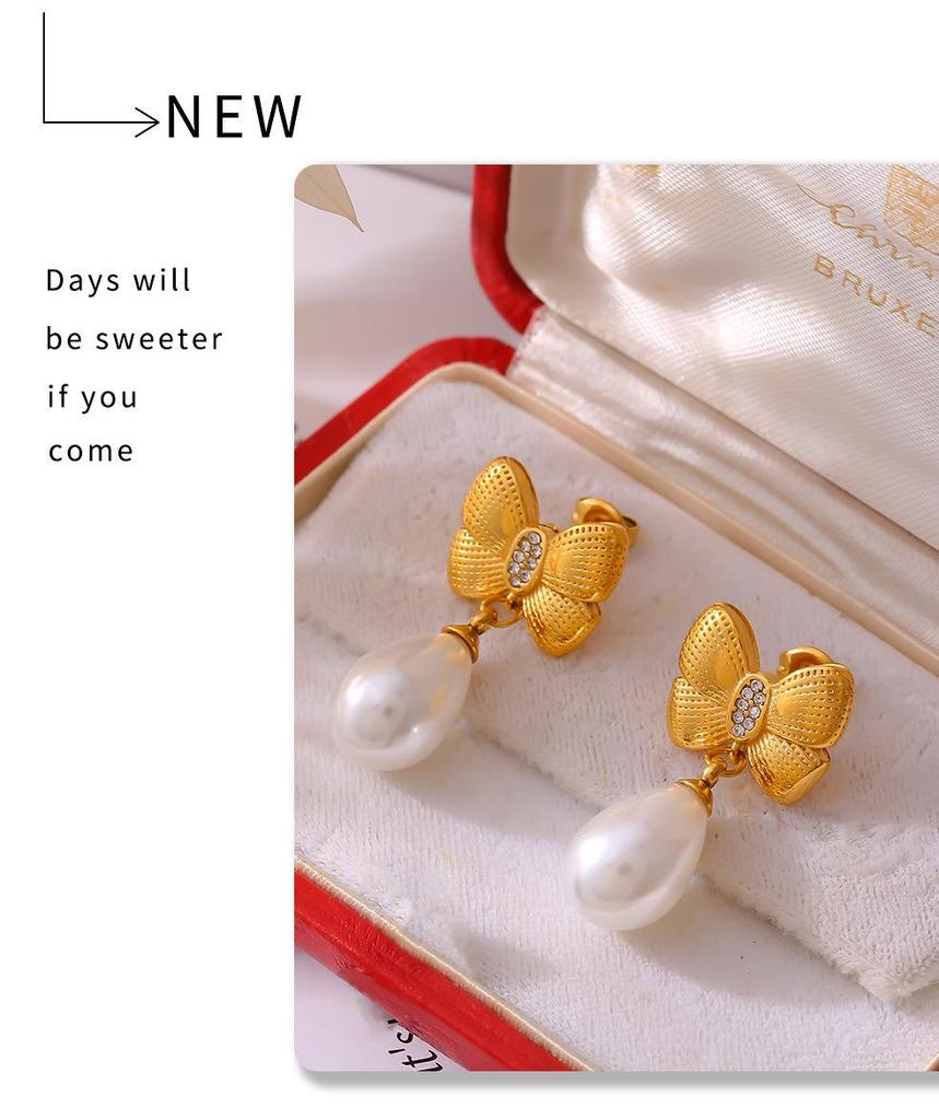 Korean Style Diamond Bow Tassel Faux Pearl Earrings - Women's 18k Gold-Plated Titanium Steel Fashion.