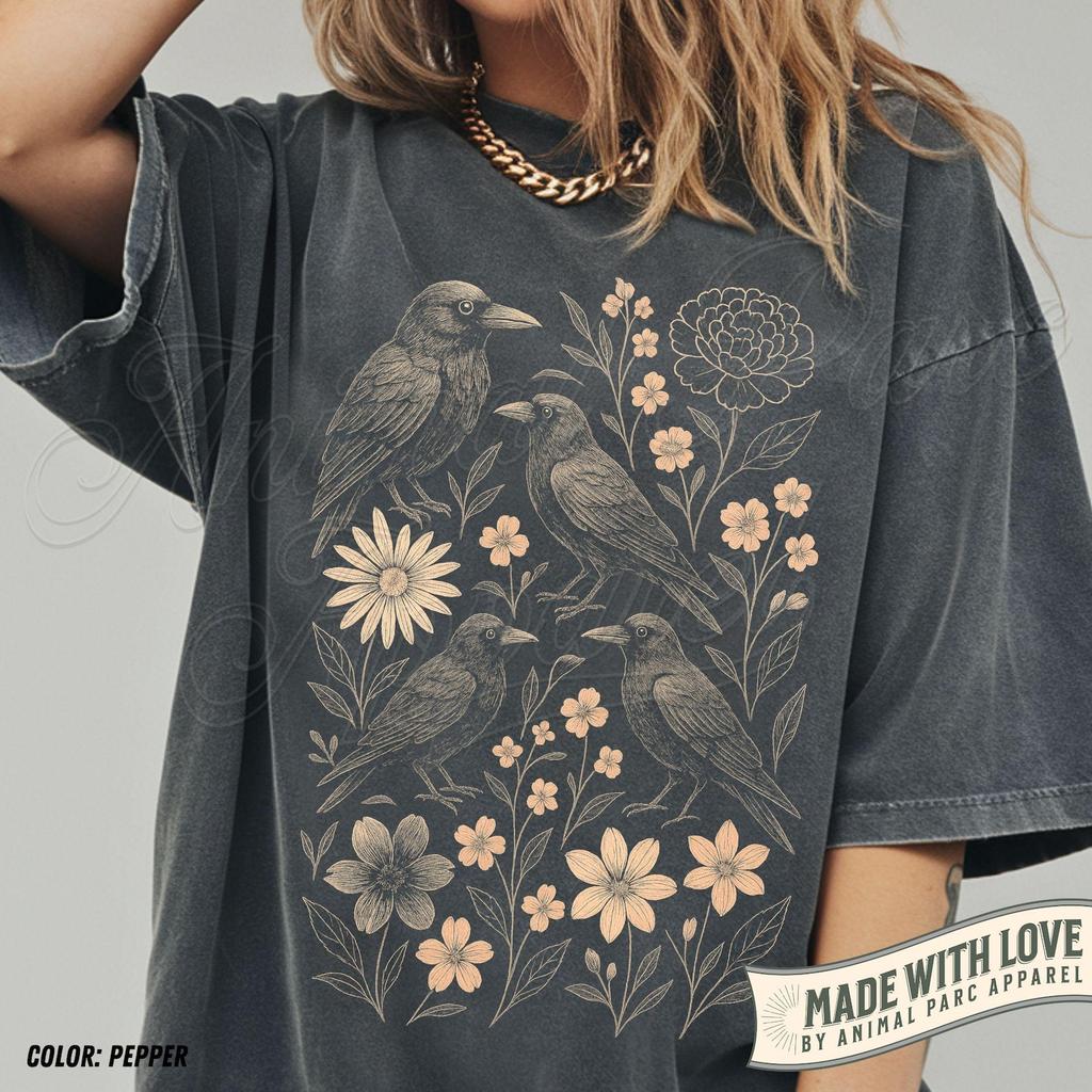 Raven T Shirt, Gothic Cottagecore Tee, Crow and Floral Graphic Top, Dark Academia Nature Shirt, Witchy Aesthetic Gift, Vintage Bird Tee