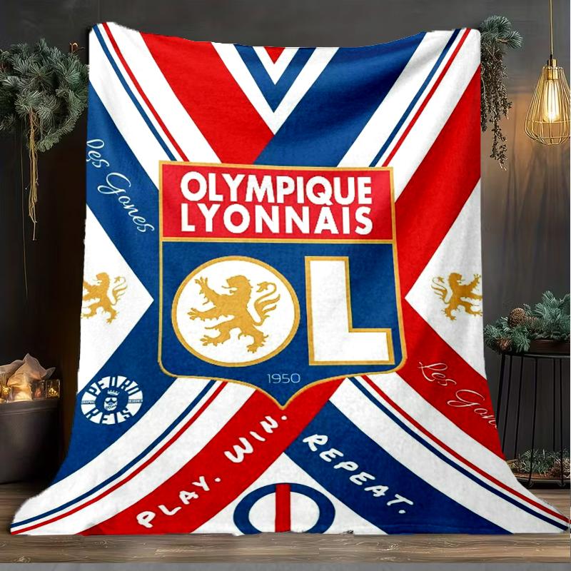 1PC Lyon Football Crest Design Printed Soft Flannel Blanket Throw for Adult Bedroom Living Room Sofa Camping Travel Fan gifts Christmas Gifts
