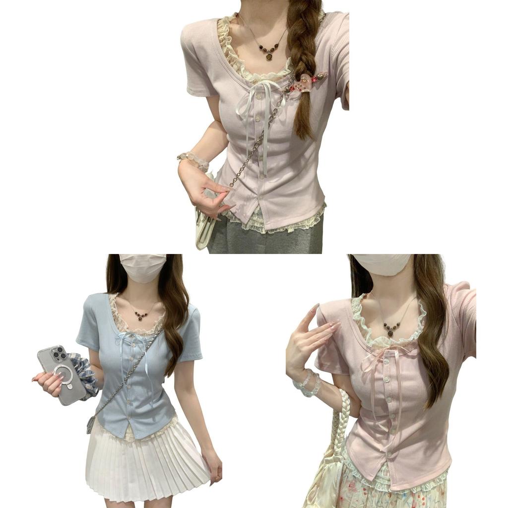 Plain Weave T Shirt With Lace Embroidery For Summer Casuals