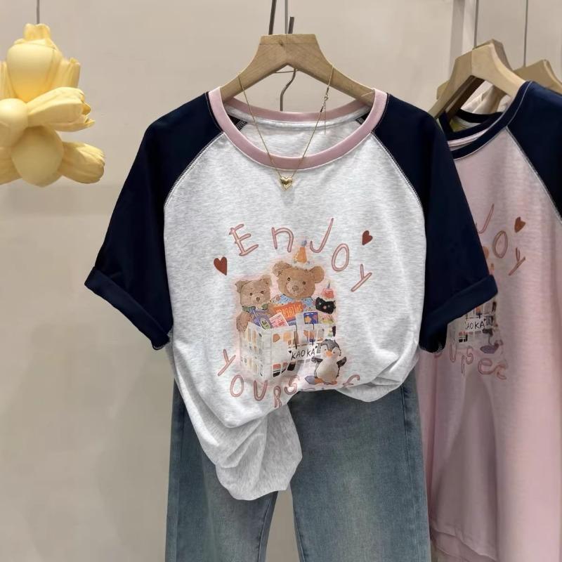Women Oversized Short Sleeve Raglan T Shirt Cartoon Print Casual