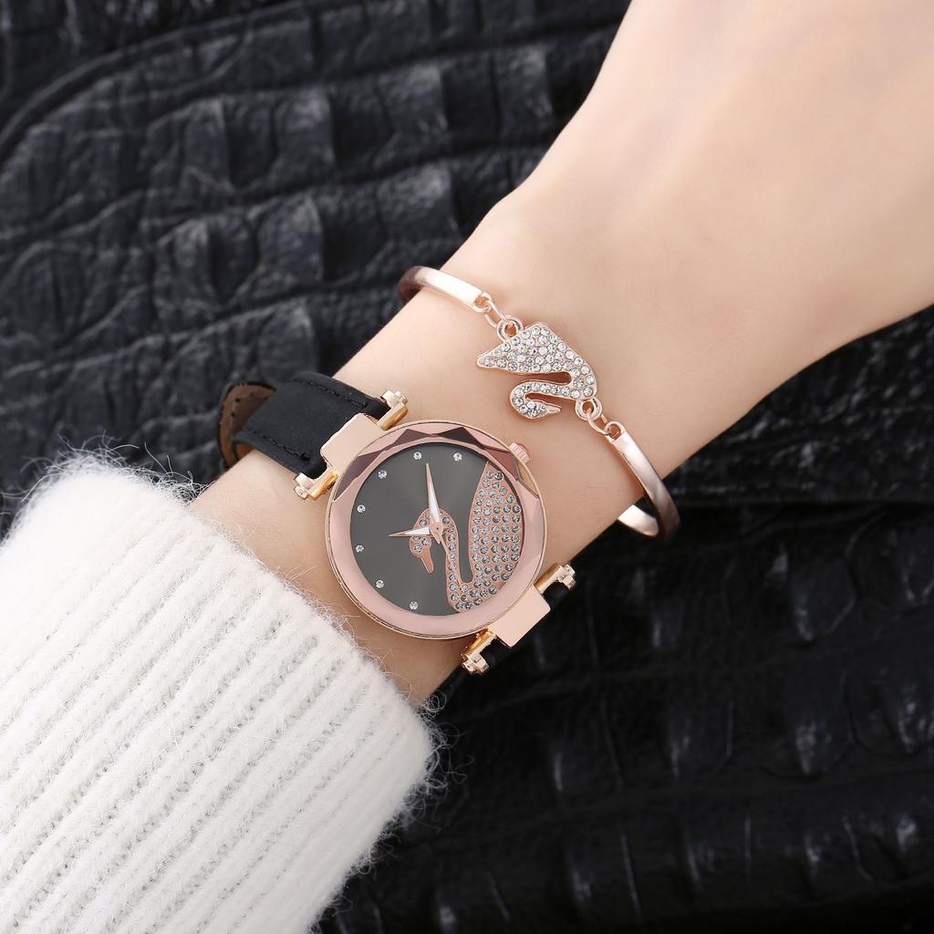 Женские часы класса люкс, новые повседневные женские часы с кожаной полоской, кварцевые часы Swan Lady с бриллиантами и кристаллами, уникальные