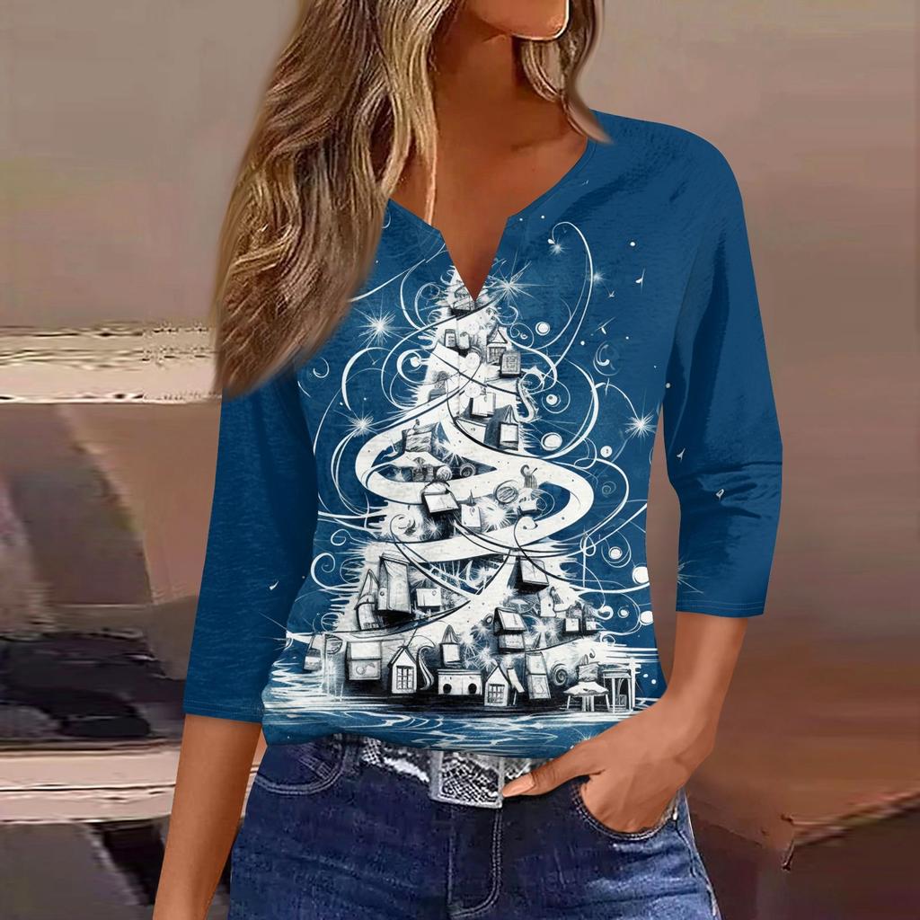 Жен. Футболка Футболка С принтом Пуговицы Рукав 3/4 Повседневные Выходные Мода Классический Классический V-образный вырез Обычный Верх