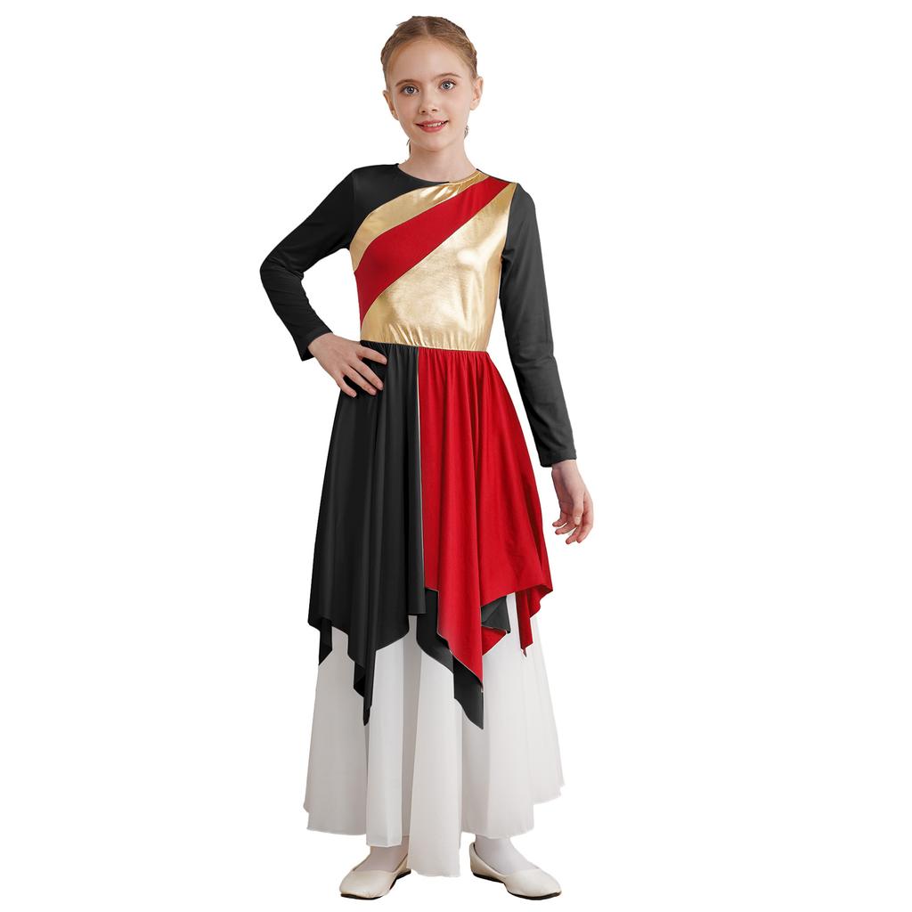 Платье для выступления Girls Worship с длинным рукавом, металлическим контрастом и асимметричной юбкой, костюм для лирического танца