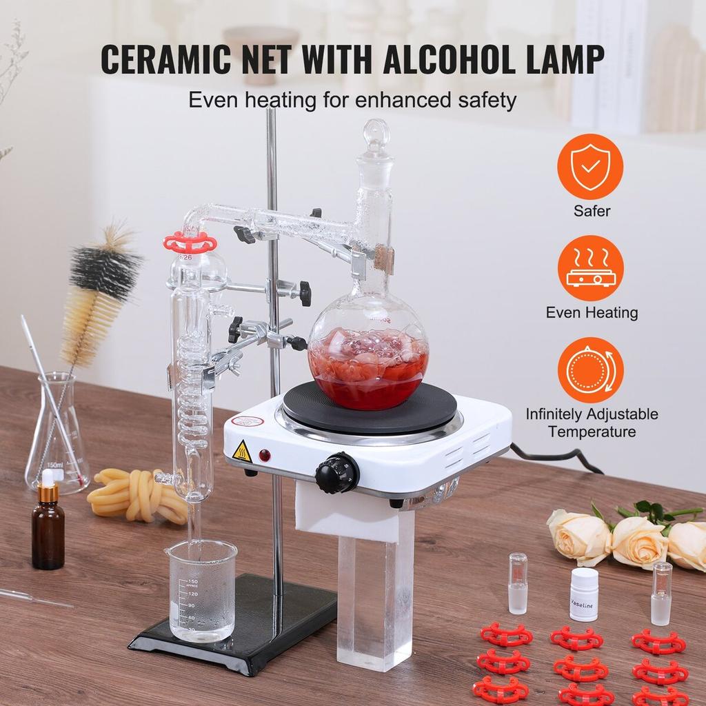 Essential Oil Distillation Kit, 500ml Distillation Apparatus, 3.3 Boro Lab Glassware Distillation Kit with 1000W Heating Plate and 24, 40 Joint, 33