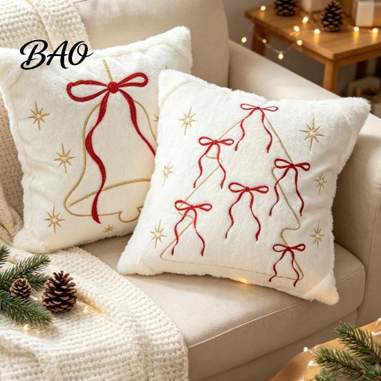 Invisible Zipper Pillow Protector Embroidered Christmas Cushion Cover, Xmas Tree Red Bow Case, with Zipper, Bell Snowflake Embroidery, Winter