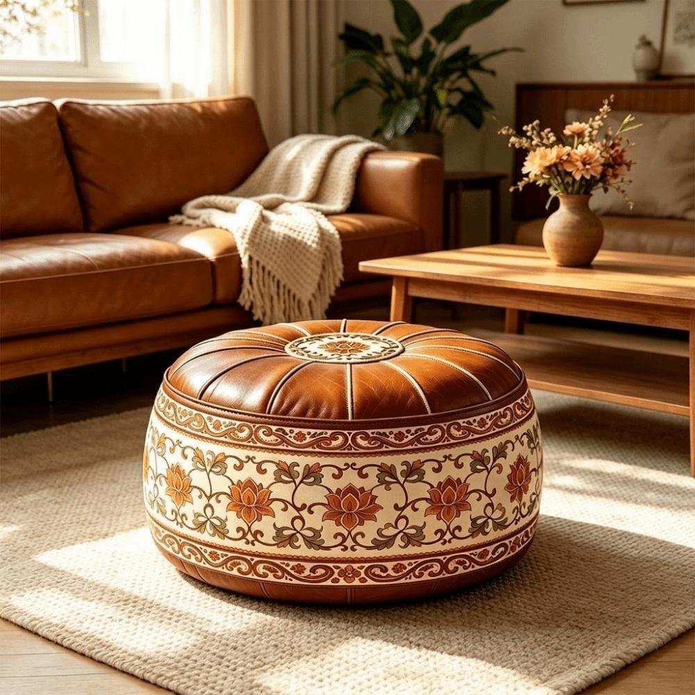 PU Leather Lotus Print Seat Cushion Cover Unstuffed Round Footstool Cover for Living Room