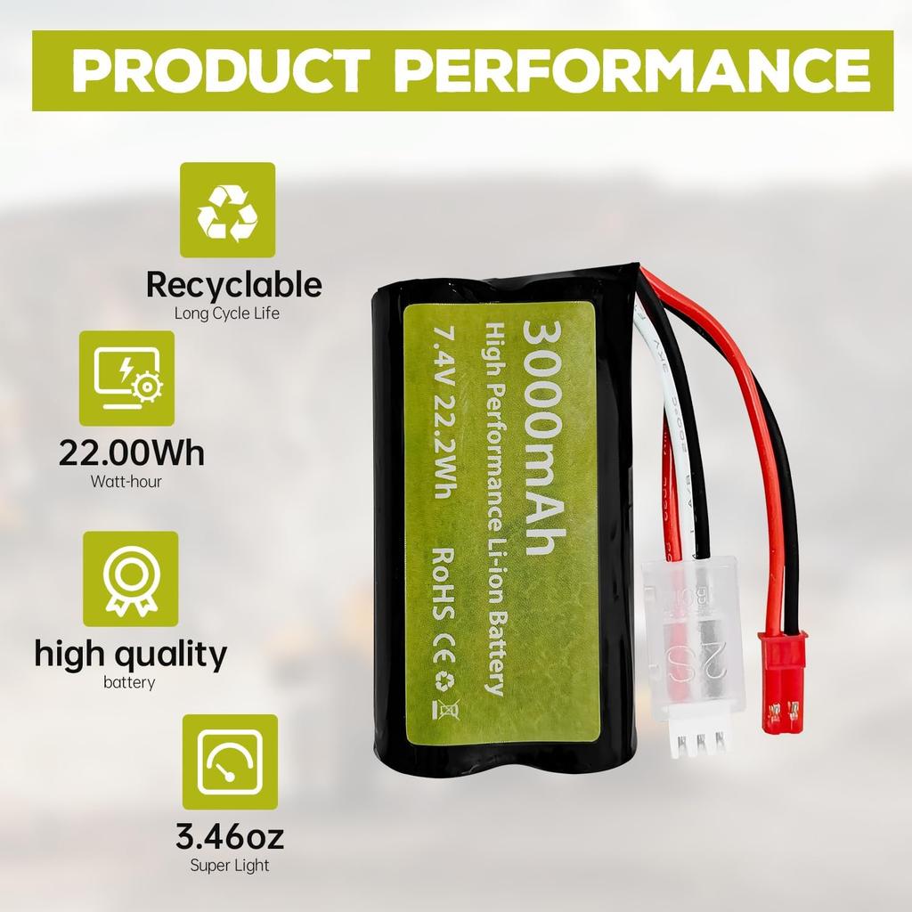 7.4V 3000mAh 15C 2S Li-ion Battery with JST-2P Plug and USB Charging Cable – for UDIRC UD1601 UD1602 SG1603 RC Car 1/10 1/12 1/16