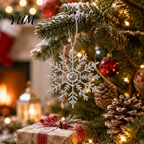 Gold Silver Red Christmas Tree Baubles 3Pcs Snowflakes Ornaments, 10cm Glitter Hanging Plastic Snowflake Glossy Electroplated Ornaments Decorations