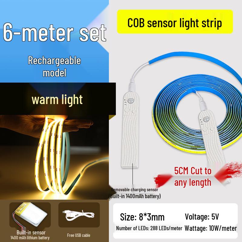 Светодиодная лента с датчиком движения, заряжаемая от USB: Ультратонкая, самоклеящаяся, беспроводная ночная подсветка