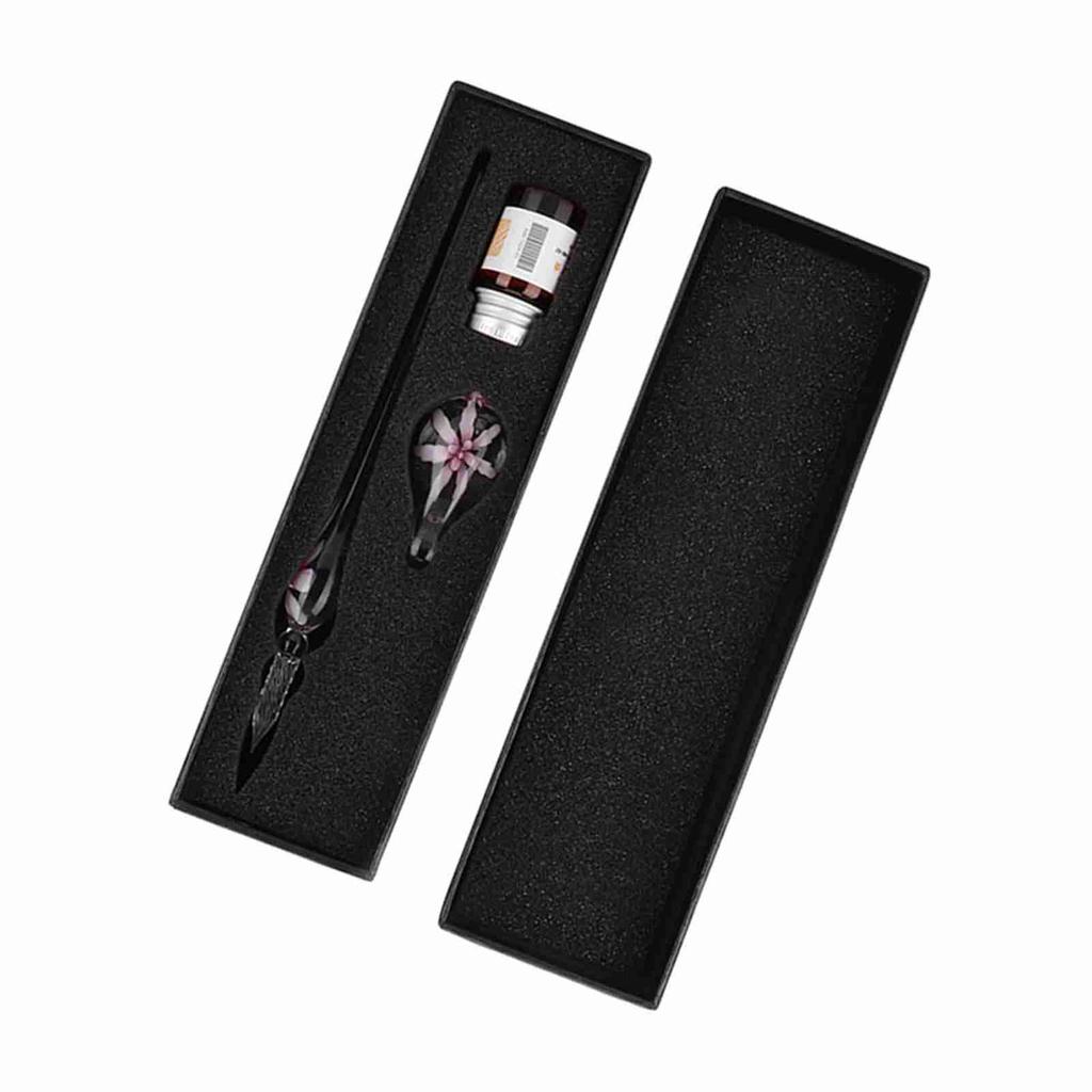 Retro Elegant Flower Glass Dip Pen Signature Ink Fountain Pen with Ink Penholder Pink
