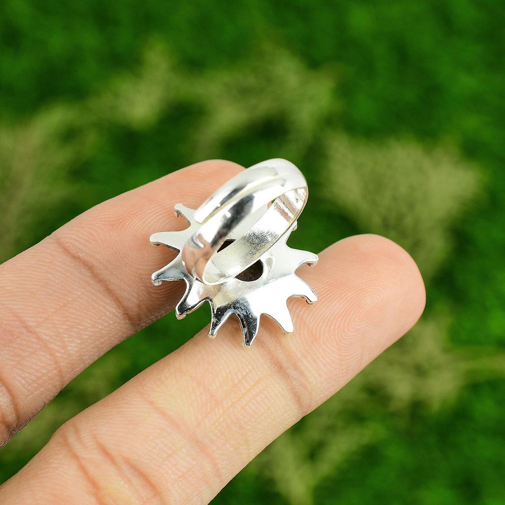 Natural Rhodonite Gemstone Stackable Flower Pink Adjustable Ring 925 Silver