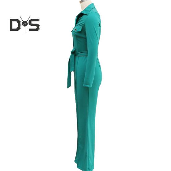 Women Fall Spring Jumpsuit Lapel Half Single-breasted Solid Color Long Sleeve Slim Fit Flared Cuff Low-cut Belted High Waist Elastic Lady Long