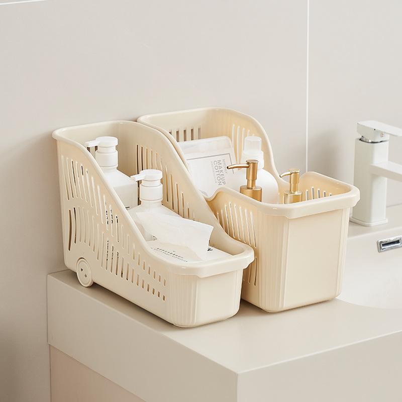 Plastic Storage Basket With Wheels And Handle Slanted Open Design Organizer Bin For Books Stationery And Household Items