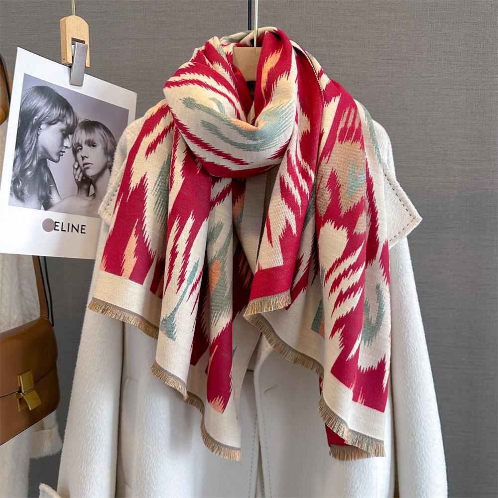 Warm Winter Cashmere Scarf Women Abstract Print Shawl Wrap Soft Pareo Elegant Poncho Femal Thick Warm Blanket Echarpe Pashmina