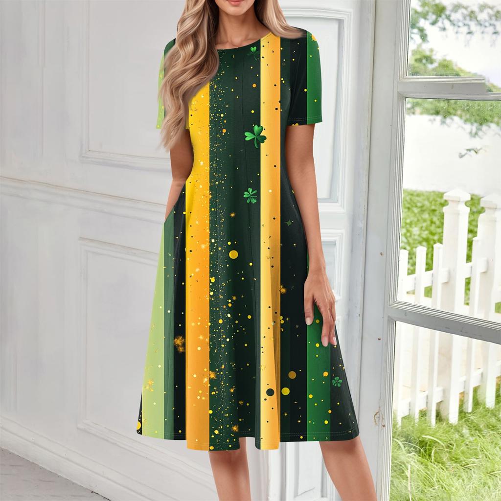 Женское повседневное модное платье миди с круглым вырезом и коротким рукавом с принтом