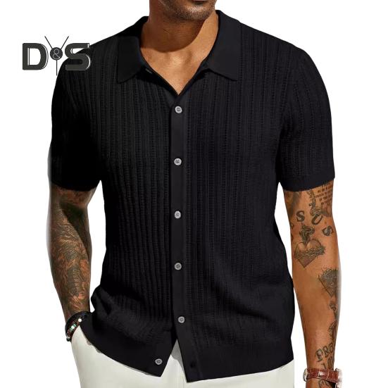 Летняя мужская рубашка с лацканами, однобортный сплошной цвет, тонкий, мягкий, с короткими рукавами, дышащий кардиган, вязаный топ средней длины для отпуска, пляжный топ