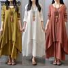 Льняное платье, женское весеннее и осеннее длинное платье из двух частей, художественное льняное платье, свободное однотонное платье с длинными рукавами
