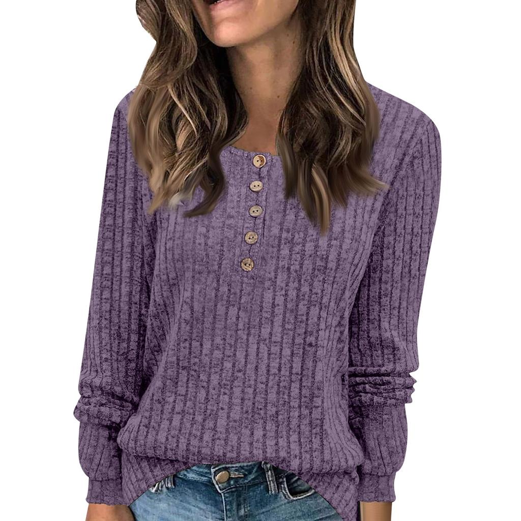Women's Fashion Long Sleeve Pullover T-Shirt Solid Color Button Top